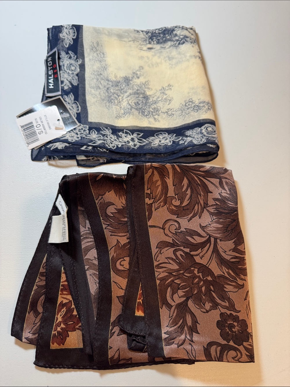 Halston Heritage Black and Ivory Floral Print Silk Scarf, Brown toned silk scarf